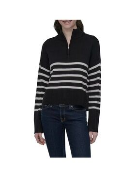 DKNY Black and White Striped Half-Zip Pullover